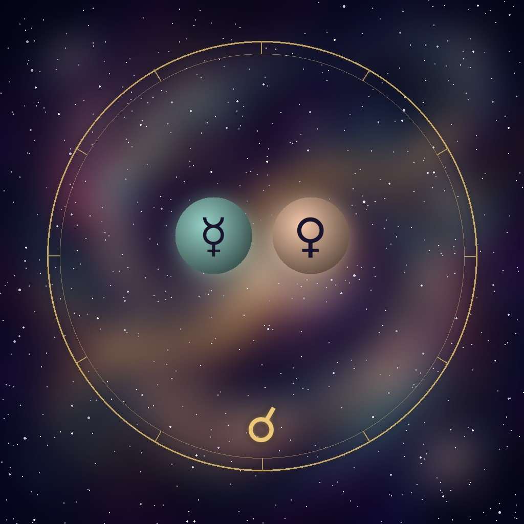 Mercury conjunct Venus: the Mercury and Venus glyphs on a chart wheel, side by side, with the conjunction glyph