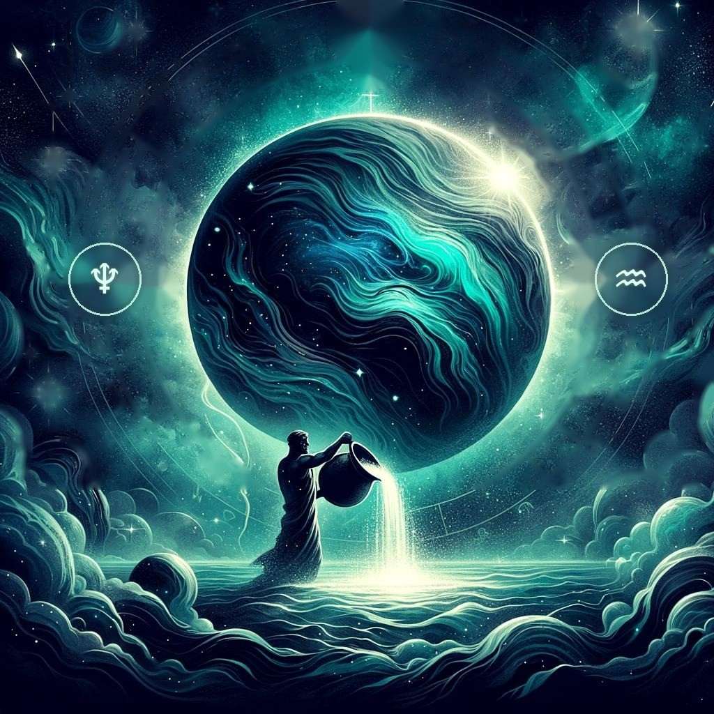 Neptune in Aquarius: the planet Neptune above the water bearer, with the Neptune and Aquarius glyphs