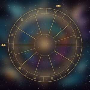 Placidus house system: a natal chart wheel with unequal Placidus houses, the Ascendant and the Midheaven