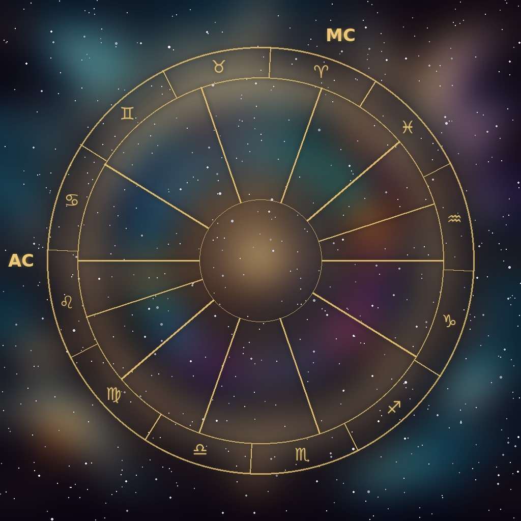 Placidus house system: a natal chart wheel with unequal Placidus houses, the Ascendant and the Midheaven