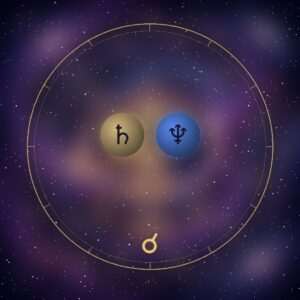 Saturn conjunct Neptune: the Saturn and Neptune glyphs on a chart wheel, side by side, with the conjunction glyph