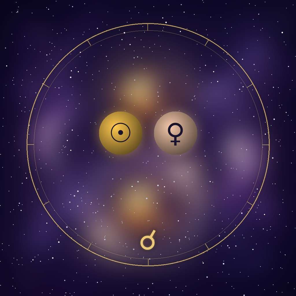 Sun conjunct Venus: the Sun and Venus glyphs on a chart wheel, side by side, with the conjunction glyph