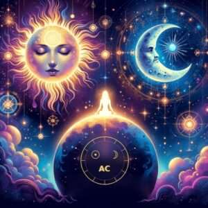 Sun, Moon and rising sign: the Sun, the crescent Moon and a chart wheel marking the Ascendant