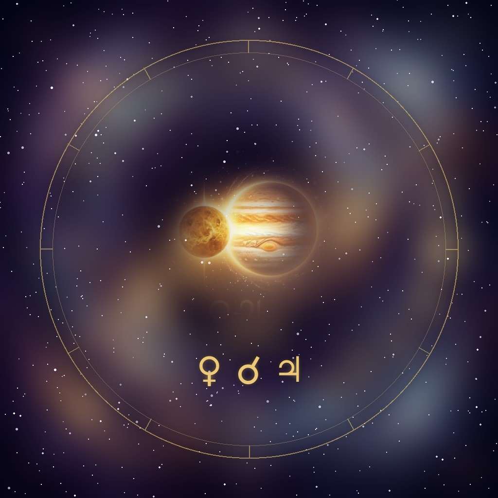 Venus conjunct Jupiter: the planets Venus and Jupiter side by side in a starry night sky