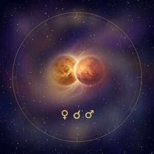 Venus conjunct Mars: the planets Venus and Mars meeting side by side in a starry night sky