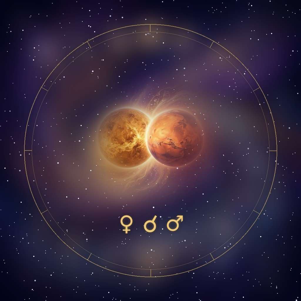 Venus conjunct Mars: the planets Venus and Mars meeting side by side in a starry night sky