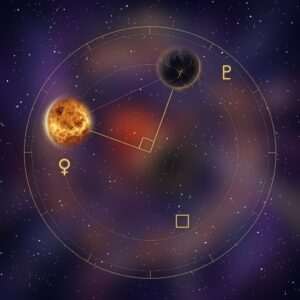 Venus square Pluto: the planets Venus and Pluto at a right angle in a starry night sky