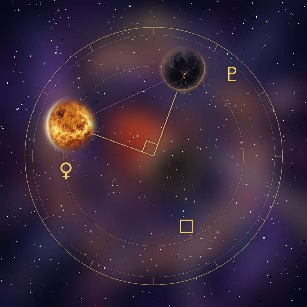 Venus square Pluto: the planets Venus and Pluto at a right angle in a starry night sky