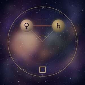 Venus square Saturn: the Venus and Saturn glyphs on a chart wheel, at a right angle, with the square glyph