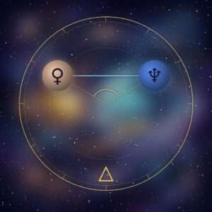 Venus trine Neptune: the Venus and Neptune glyphs on a chart wheel, 120 degrees apart, with the trine glyph